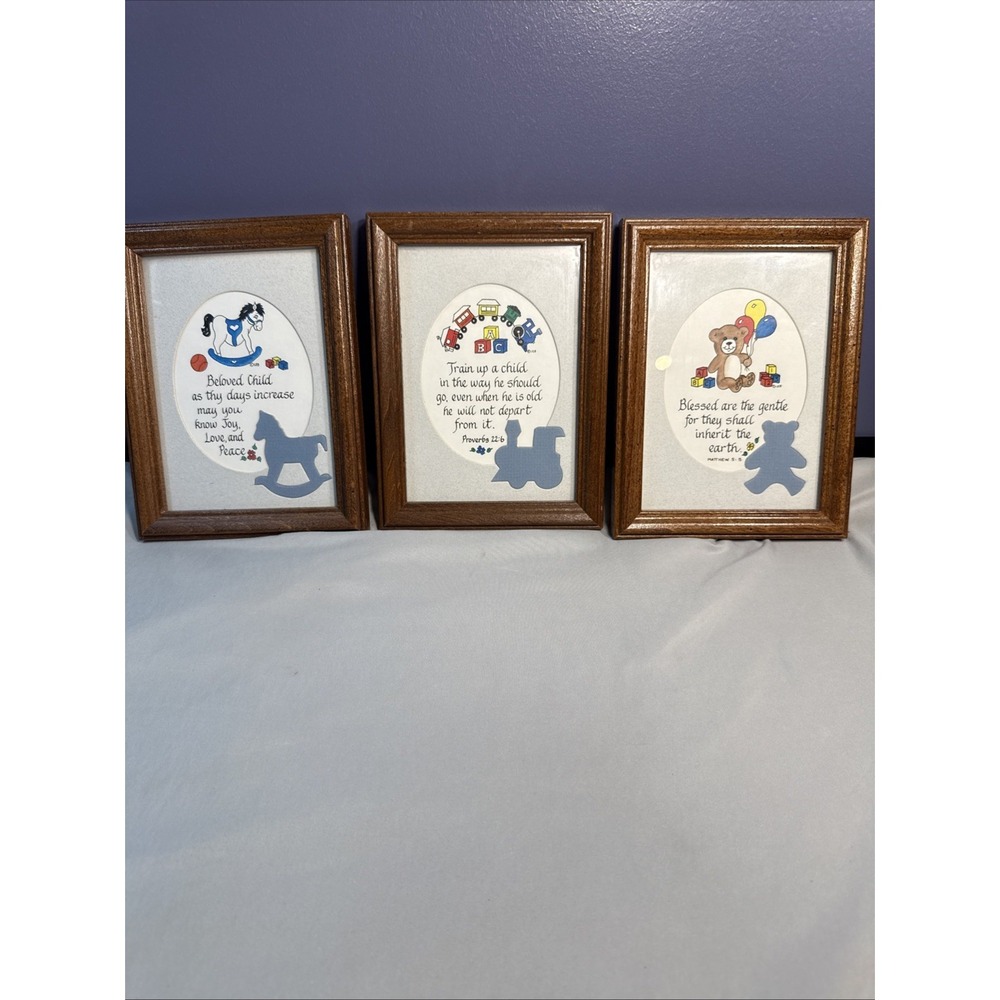 Vintage 1980s Nursery Framed Wall Art Set of 3 Train Up A Child Wooden Decor